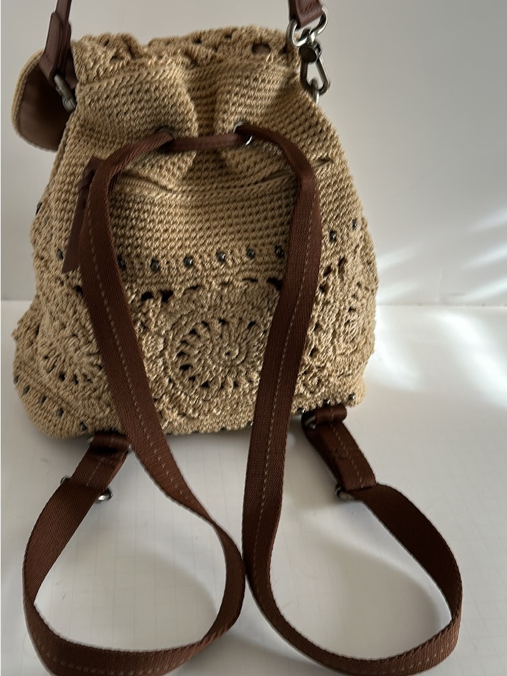 Handcrafted Sak Crochet Backpack - Beige with Brown Trim - Picture 3 of 9